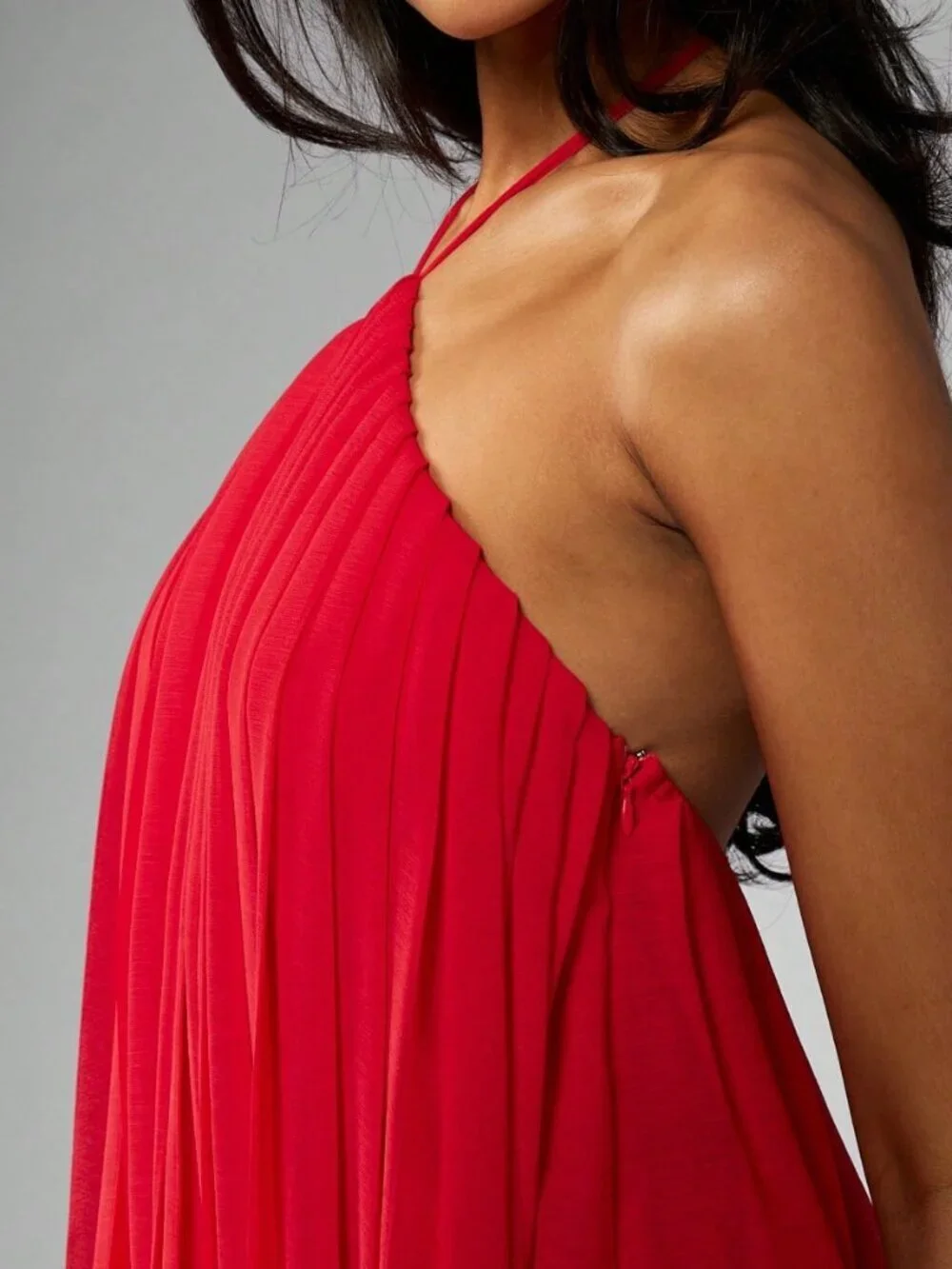 Red Casual Women's Pleated Maxi Halter Dress